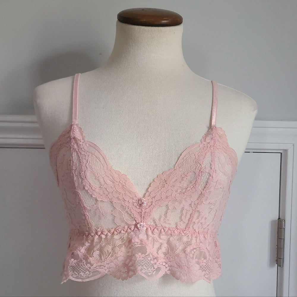 Victoria's Secret Vintage Gold Crown Label Crop Top S P Lace Bra Rosettes Pearls